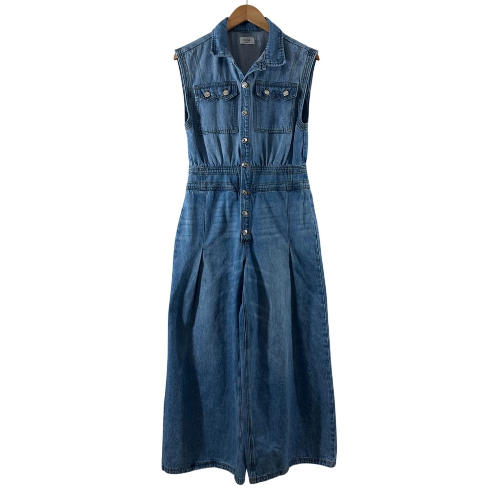 Bluivy Womens Denim Sleeveless Wide Leg Jumpsuit Size M 100% Cotton‎ Utility